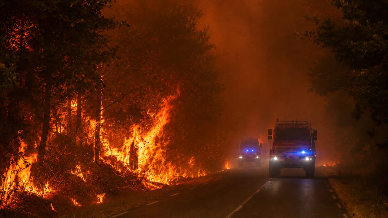 Feux de forêt en Gironde : camions de pompiers face aux flammes