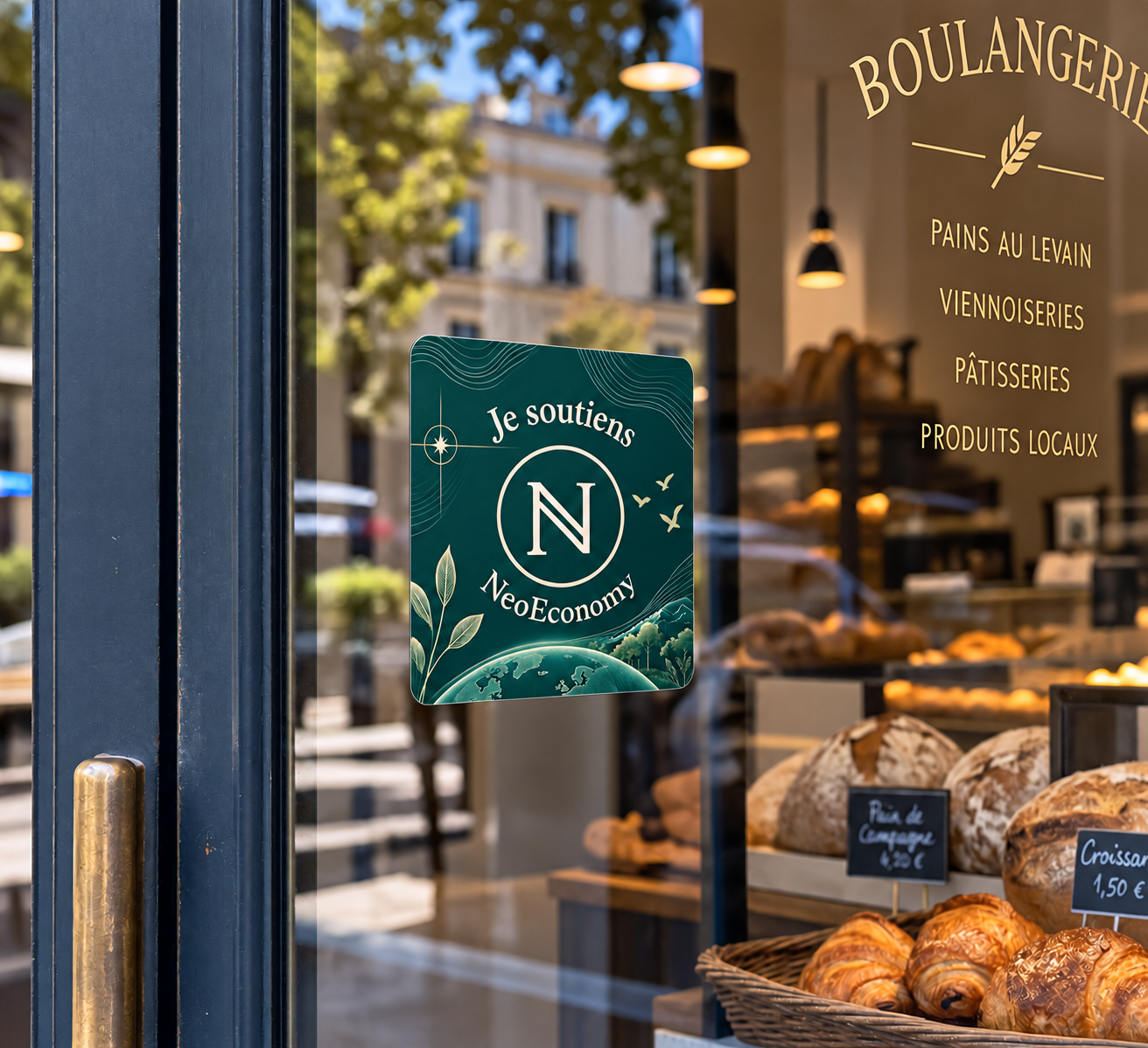 Vitrine de salon avec un autocollant rond indiquant : Je soutiens ℕeoEconomy, j'accepte les ℕeos