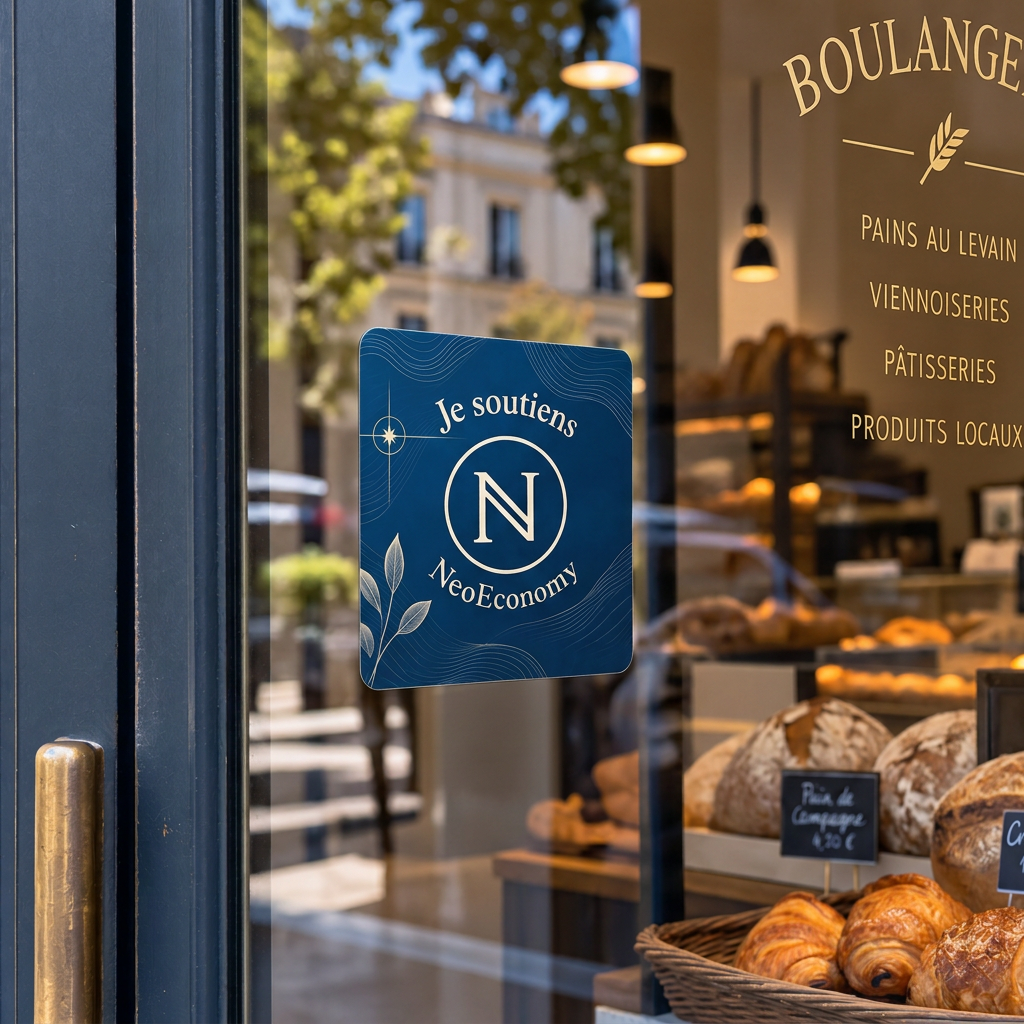 Vitrine d'une boulangerie arborant le sticker vert « Je soutiens ℕeoEconomy »